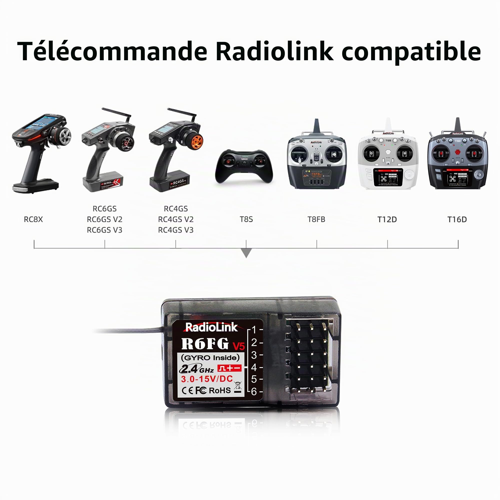 Radiolink R6FG Récepteur RC 2,4 GHz Gyro-intégré 6 canaux Grande portée jusqu'à 400 m Compatible avec RC6GS V3/RC4GS V3/T8FB/T8S/RC8X/T16D/T12D