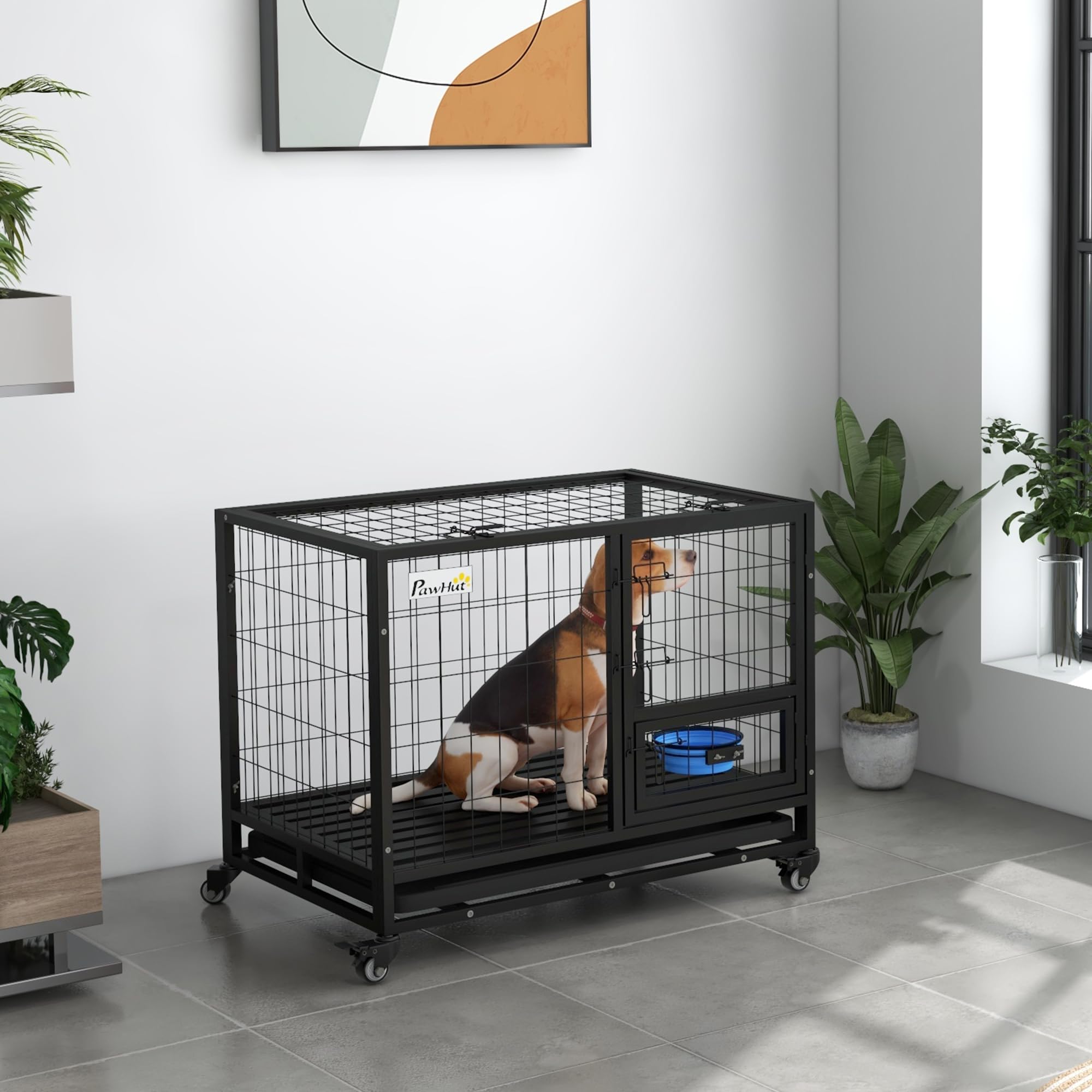 PawHut Cage pour Chien Animaux Cage de Transport sur roulettes avec 2 Portes verrouillables Support de gamelle Plateau Amovible en Acier dim. 92L x 62l x 73H cm Noir