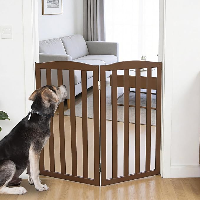 ZJSF Foldable Freestanding Indoor Dog Gate for House Wood White Long Pet Gates Dog Fence for Stairs Puppy Gates for Hallways, Puppy Gate,Support Feet Included, Brown, 32 "Height-2 Panels