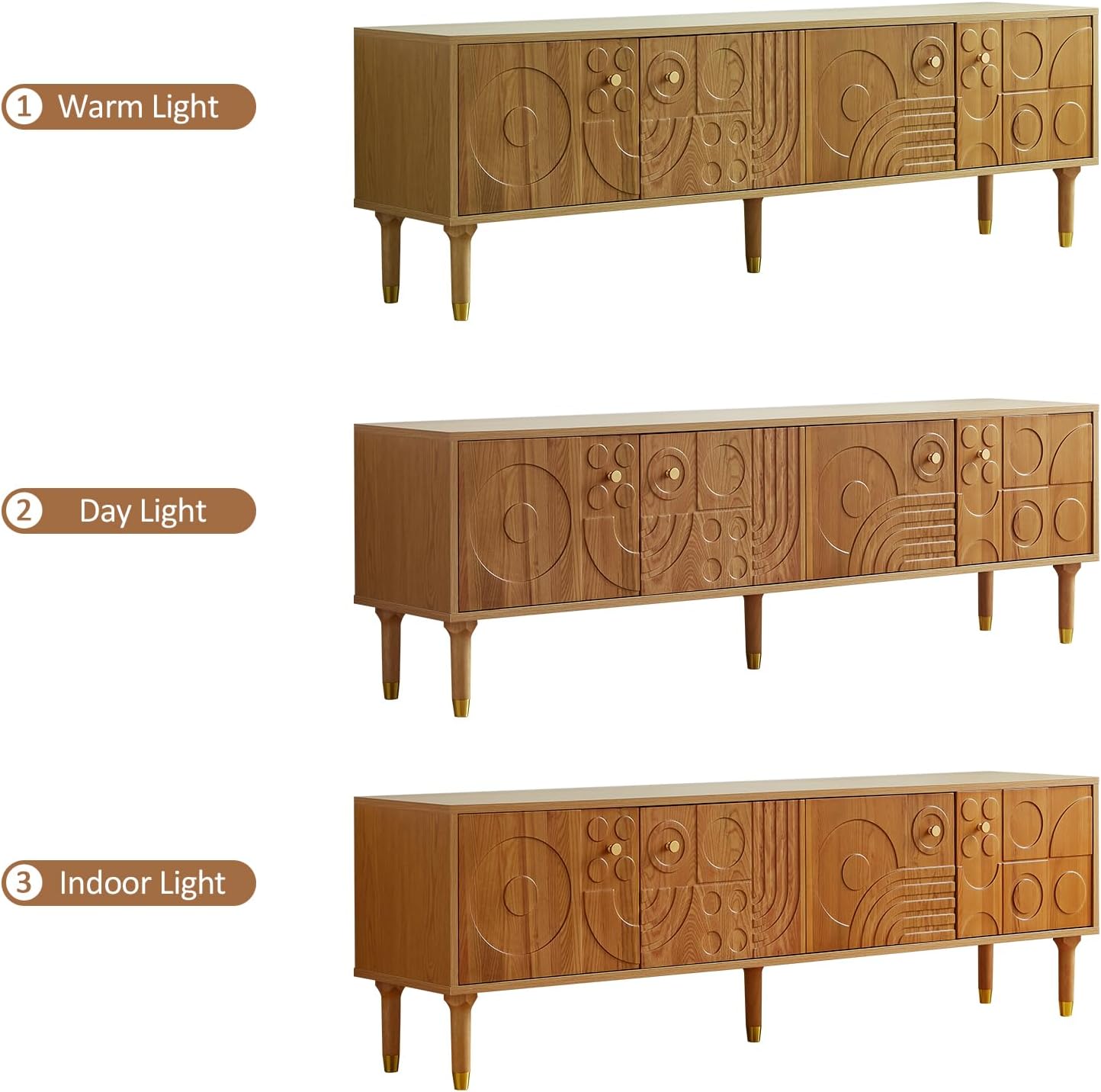 XEW Mid-Century TV Stand with Artistic Carved Doors, Modern TV Console with 4 Cabinet Storage, Retro Media Console for 50-80 inch TV, Entertainment Center for Living Room - 70.9IN/Wood