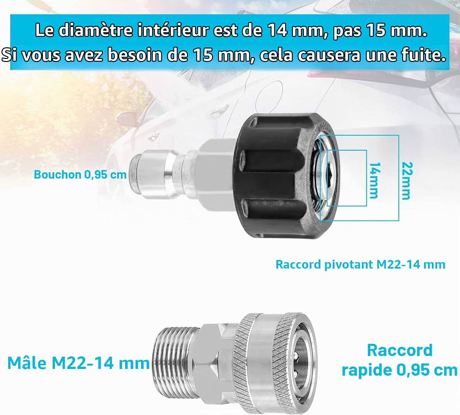 10 Pièces Adaptateur Nettoyeur Haute Pression, Connecteur Rapide Tuyau à Haute Pression Kit, Connecte Canon Lance et Tuyau Métrique, Raccord M22-14mm, M22 3/8" Connexion Rapide 3/4" Déconnexion