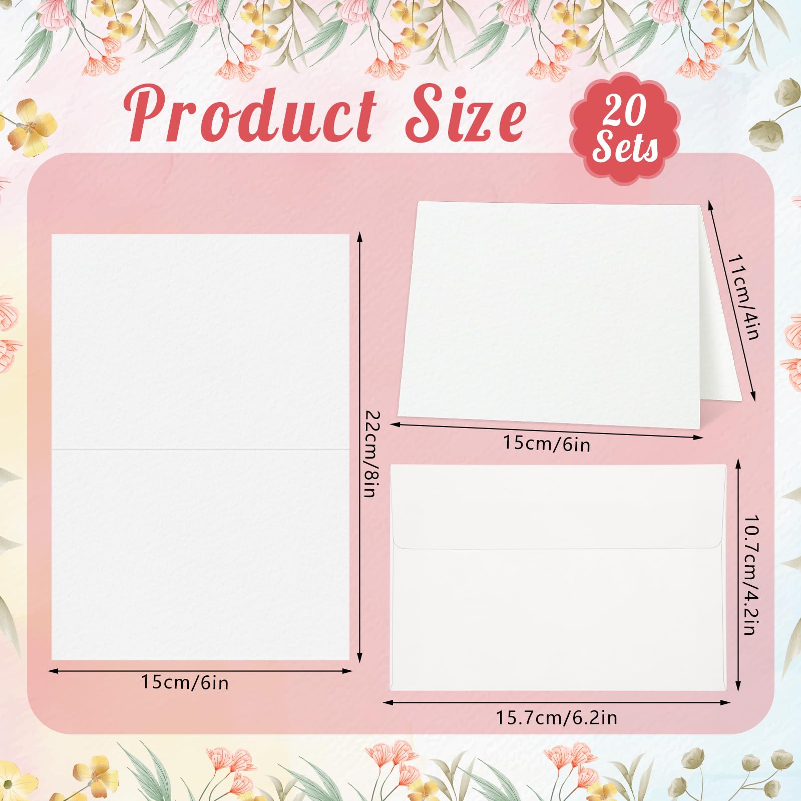 Prudiut 20 Sets Watercolor Cards with Envelopes, 140 lb/300 GSM Watercolor Paper Cards, 4x6 Inch Foldable Blank Cards and Envelopes for Greeting Card, Wedding Invitations, Thank You Card