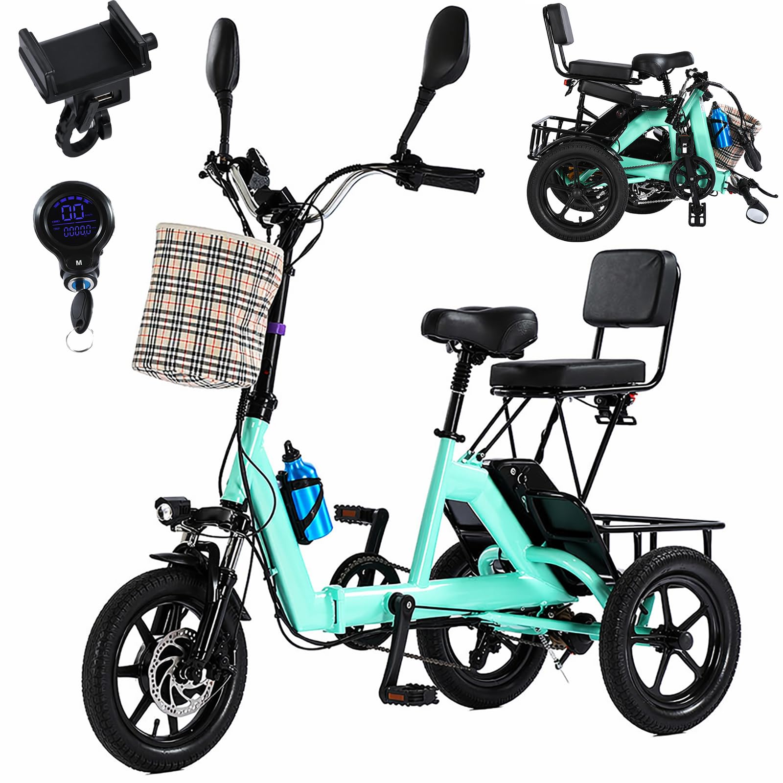 Triciclo Elettrico Pieghevole Adulti 14 Pollici 3 Ruote 2 Posti LED Faro Fanale Posteriore Cestino Anteriore Posteriore Display LCD per Anziani Donne Uomini Trasporto Merci Green