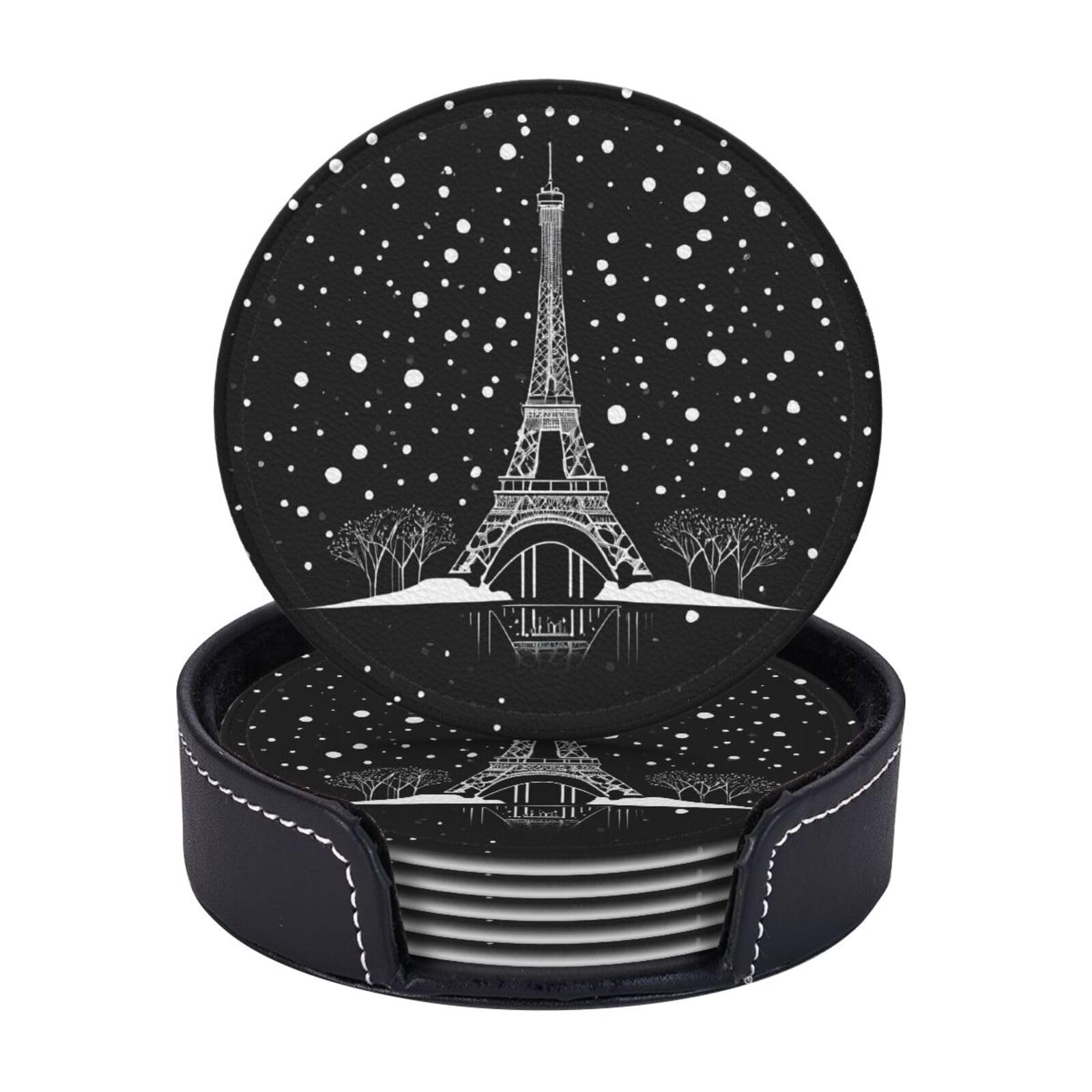 Coasters Set of 6 Microfiber PU leather Coasters with Holders for Drinks Coffee Bar Accessories, House Apartment Coffee Table Decor, Housewarming Gifts - Night Paris Eiffel Tower