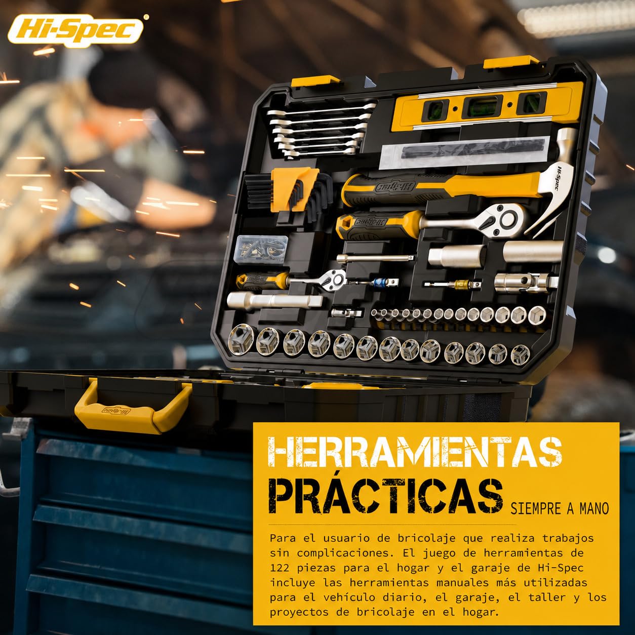 Hi-Spec Caja de Herramientas Mecánicas para Hogar y Coche para Bricolaje | 122 piezas, accesorios y maletín, para mantenimiento, bricolaje, cochera y reparaciones automotrices, uso diario