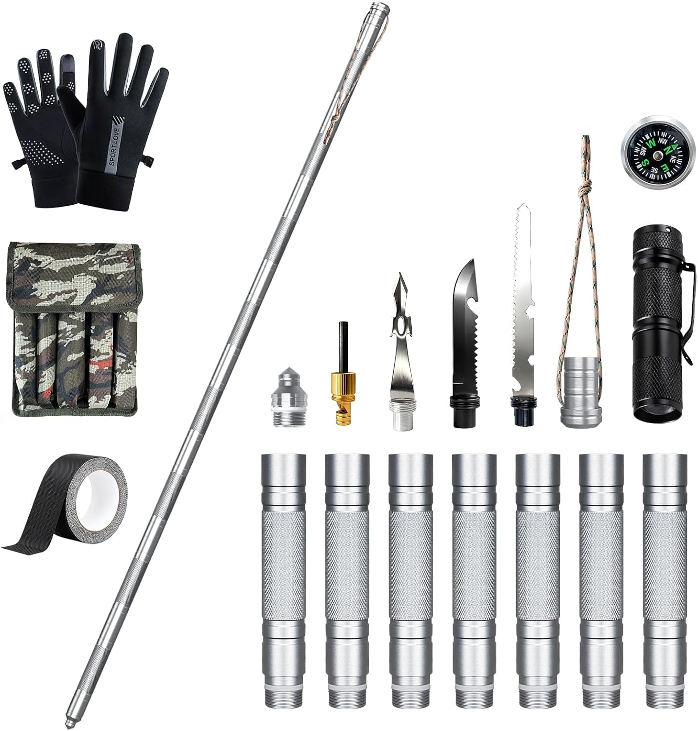 15-in-1 Tactical Walking Stick with Spear & Knife & Flashlight & Thermal Gloves & Anti-Slip Tape, Multitool Survival Hiking Stick, Self Defense Trekking Pole for Outdoor Adventures, Camping, Hunting