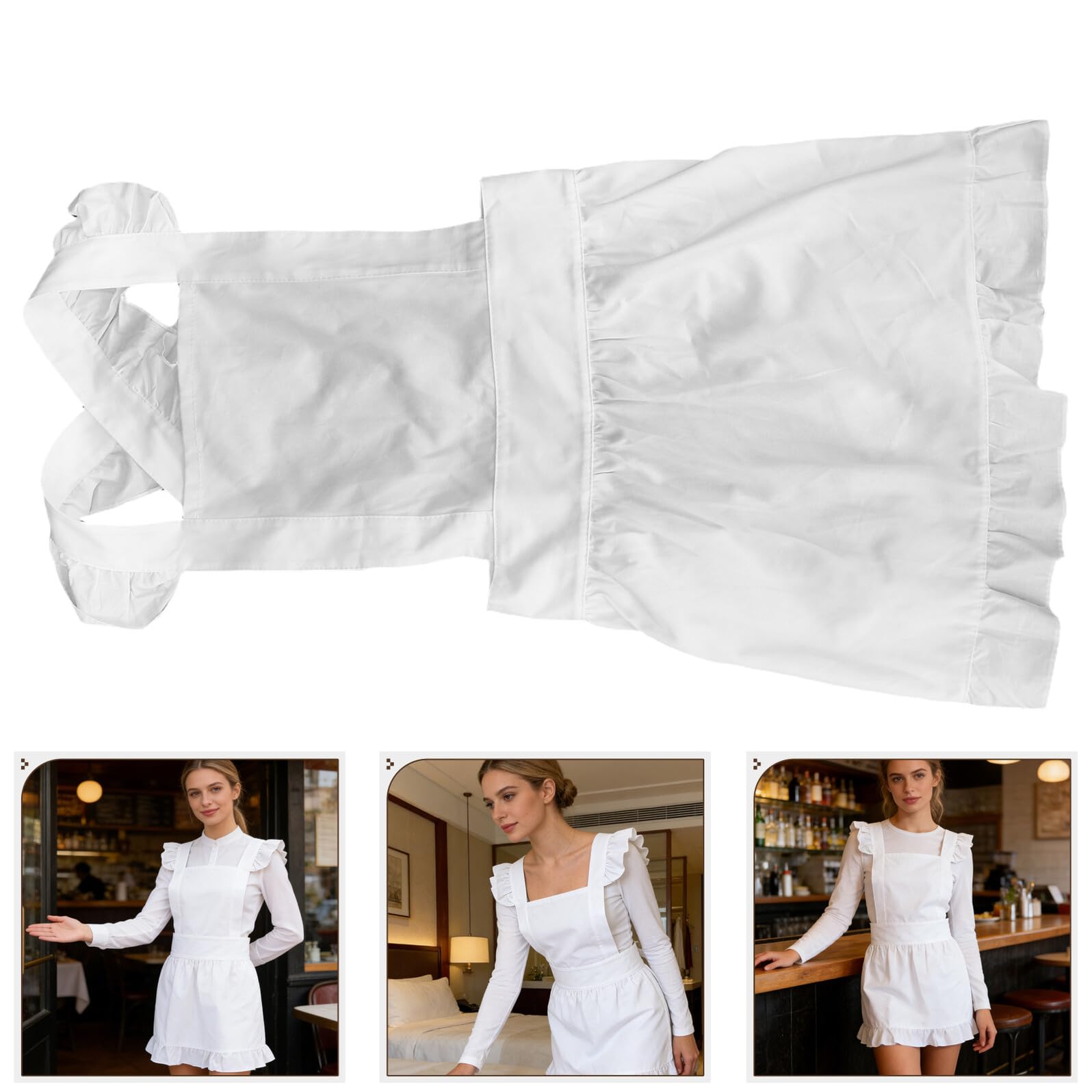 NUOBESTY Grembiule da Cameriera in Cotone Bianco con Tasche Regolabile Gonna Grembiule Lunga Vintage per Donna Professionale per Ristoranti e Hotel