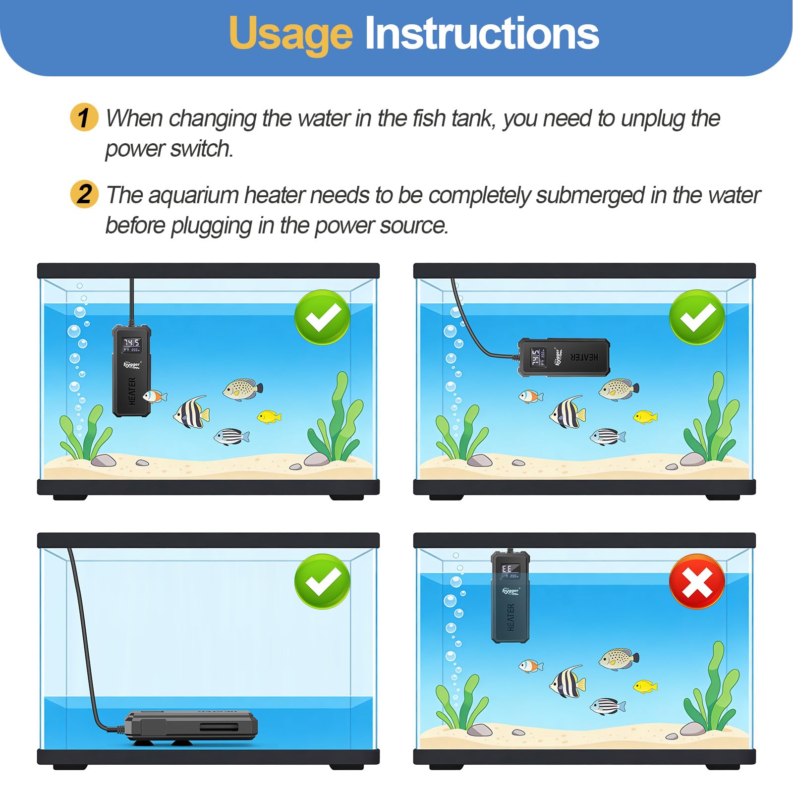 hygger Aquarium Heizung 50W/100W/150W/200W Einstellbare Leistung, Aquariumheizung mit Hochtemperaturschutz, Schildkrötentankheizung mit automatischer Abschaltung, für Frösche, Molche und Schildkröten