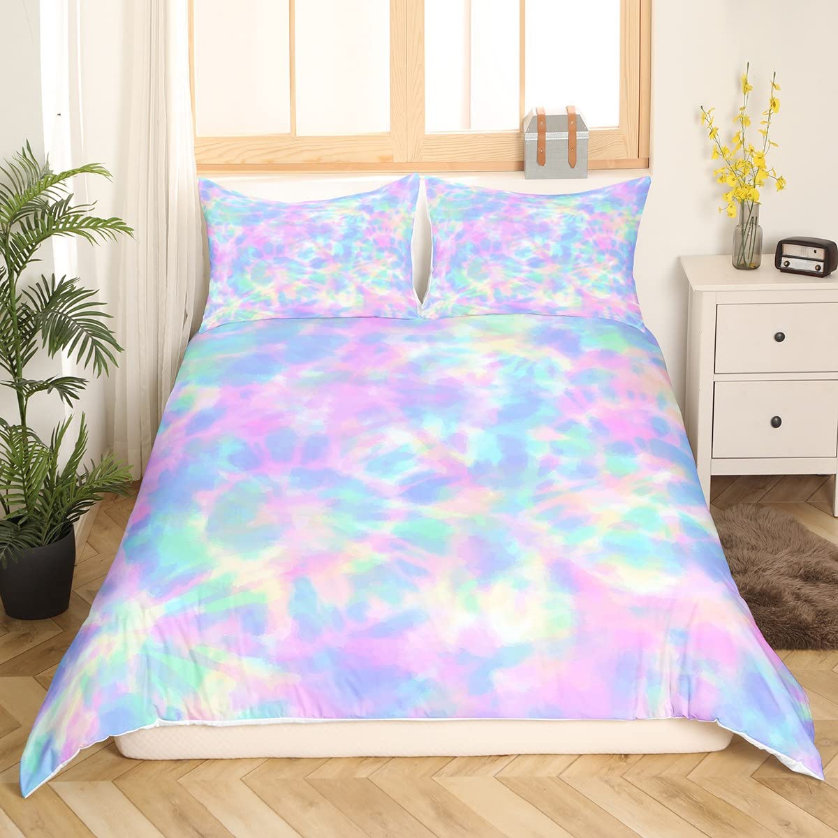 Juego de ropa de cama de teñido anudado arcoíris, tamaño Super King para niñas y mujeres, funda de edredón colorida de teñido anudado pastel para niños y adolescentes, funda de edredón de remolino