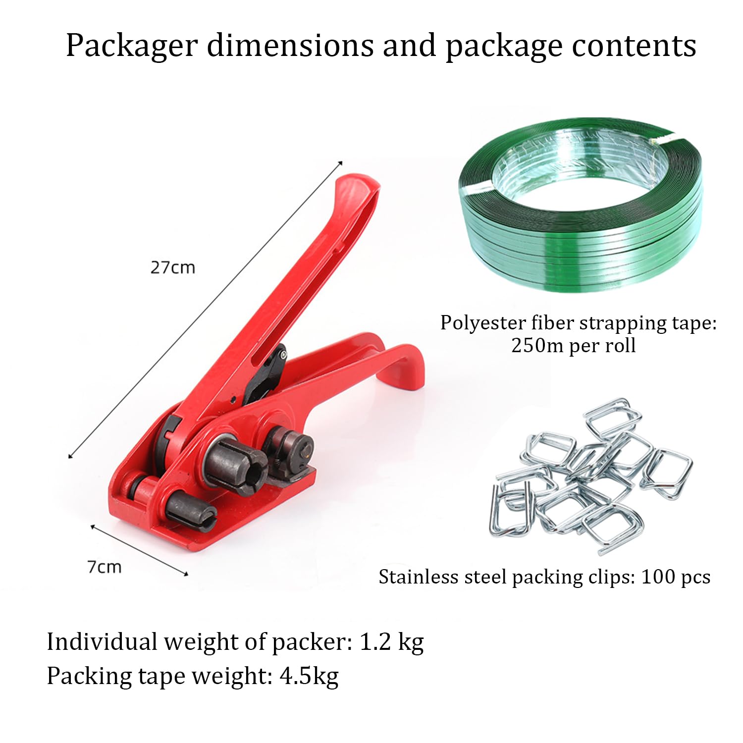Kit De Herramientas De Flejadora De Palés,Flejadora Manual Juego De 13-19 Mm,Adecuado Para Flejar Palés, Etc.Incluye Accesorios: 250 m De Cinta De Poliéster Flexible + 100 Grapas Metálicas