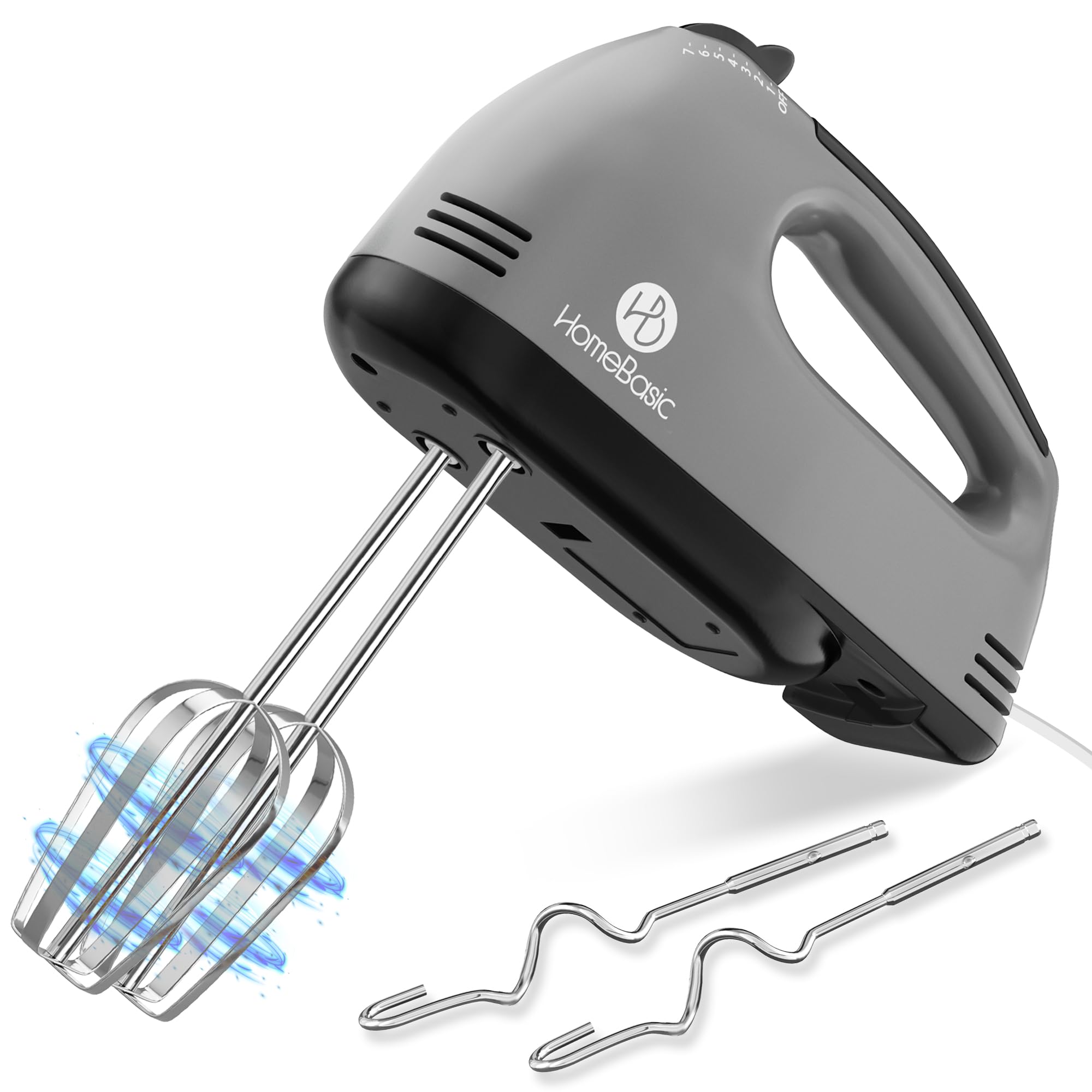HOMEBASIC Hand Mixer for Cake Baking 260W | Electric Hand Beater with 7 Speed Control, Dough Hook & Beaters | Mixing, Whipping, Kneading, Egg Whisker Blender for Kitchen | Food Grade Stainless Steel