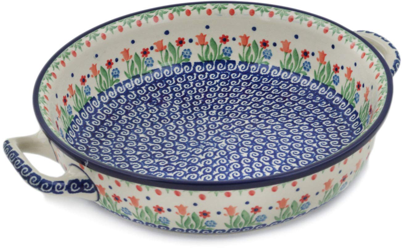 Authentic Polish Pottery Round Baker with Handles 10-inch in Babcia's Garden Design Handmade in Bolesławiec Poland by Ceramika Artystyczna + Certificate of Authenticity