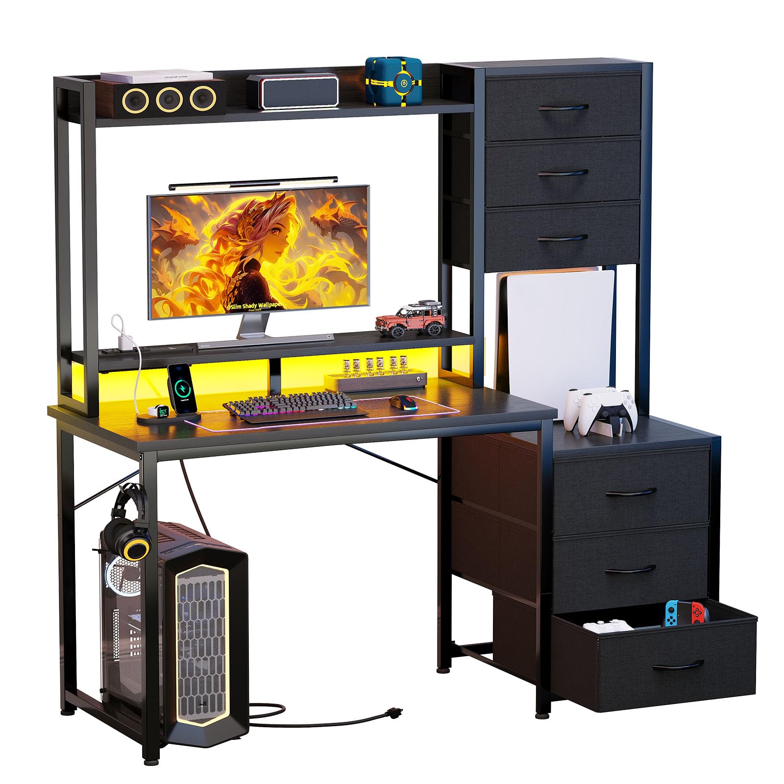 Photo 1 of MUTUN 47 Inch Computer Gaming Desk with Hutch Power Outlet and LED Strip, Home Office Work Study Writing Desk with 6 Fabric Drawers and Storage for Bedroom, Escritorios para Computadoras, Black