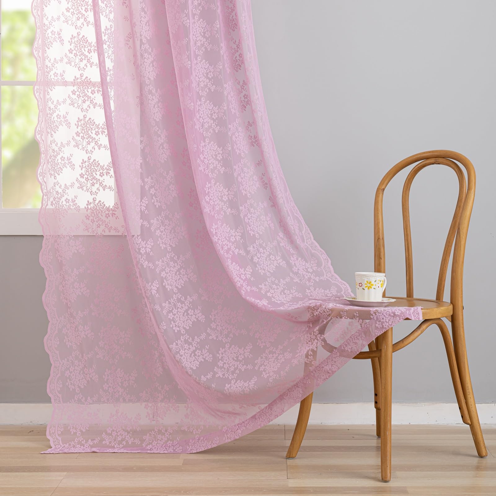 YJ YANJUN Vintage Lace Curtains 72 Inches Long-Victorian Floral Pattern Lilac Sheer Curtain Panels for Living Room Bedroom,Light Filtering, Cute Girls Drapes 2 Panels 52W x 72L Purple Blush