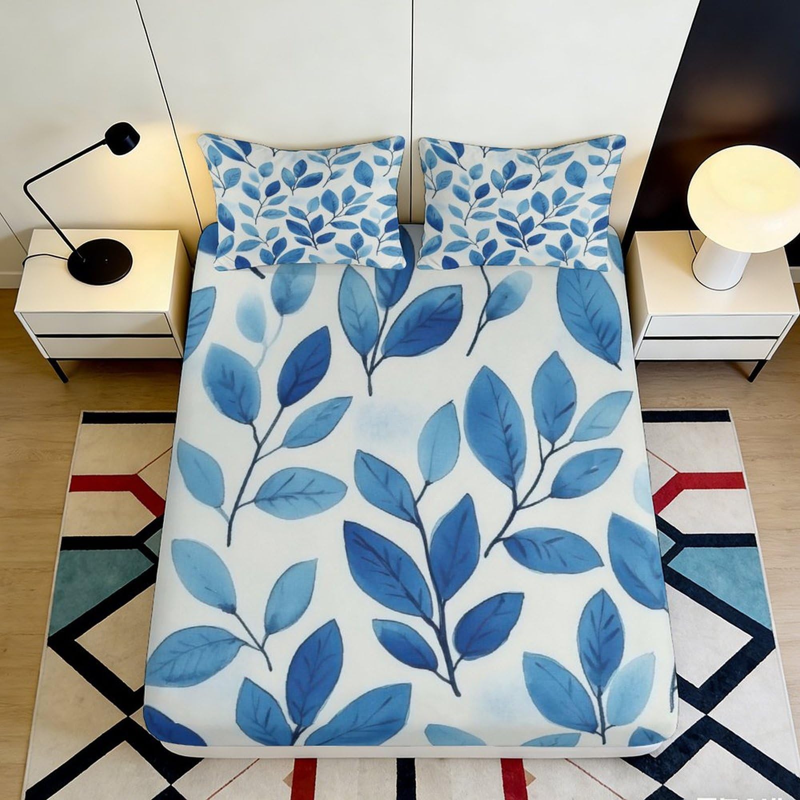 Pnayamiorkfel Style-6 3D Printed Blue Leaf Fitted Sheet Microfiber Soft Breathable Botanical Mattress Cover For Bedroom Dorm Decor 90X200x25cm