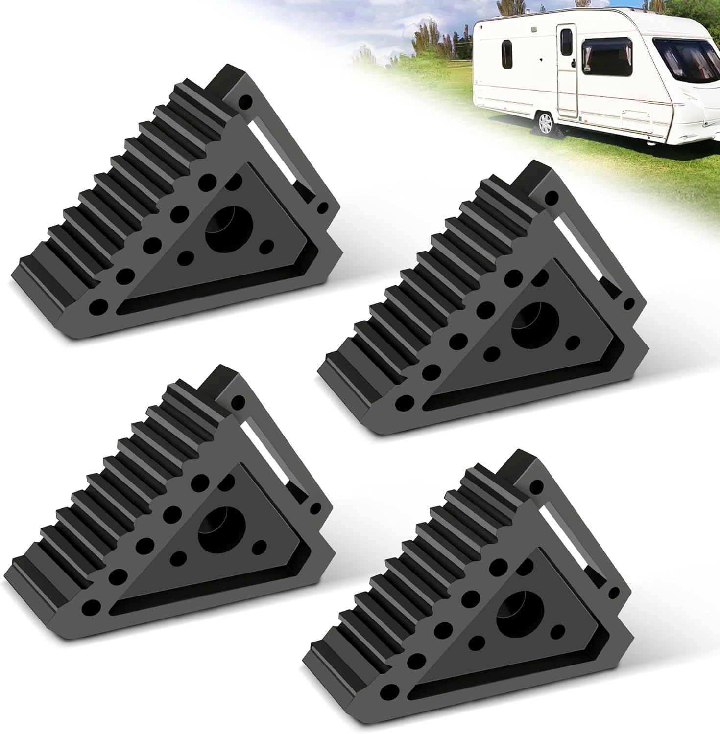 4 Pcs Black Wheel Chock Heavy Duty Solid Rubber, RV Wheel Chock Trailer Wheel Chocks, Durable Tire Chocks Premium Wheel Stopper for Car, Truck, Travel, Trailers, RV, ATV, 8" x 4" x 6"