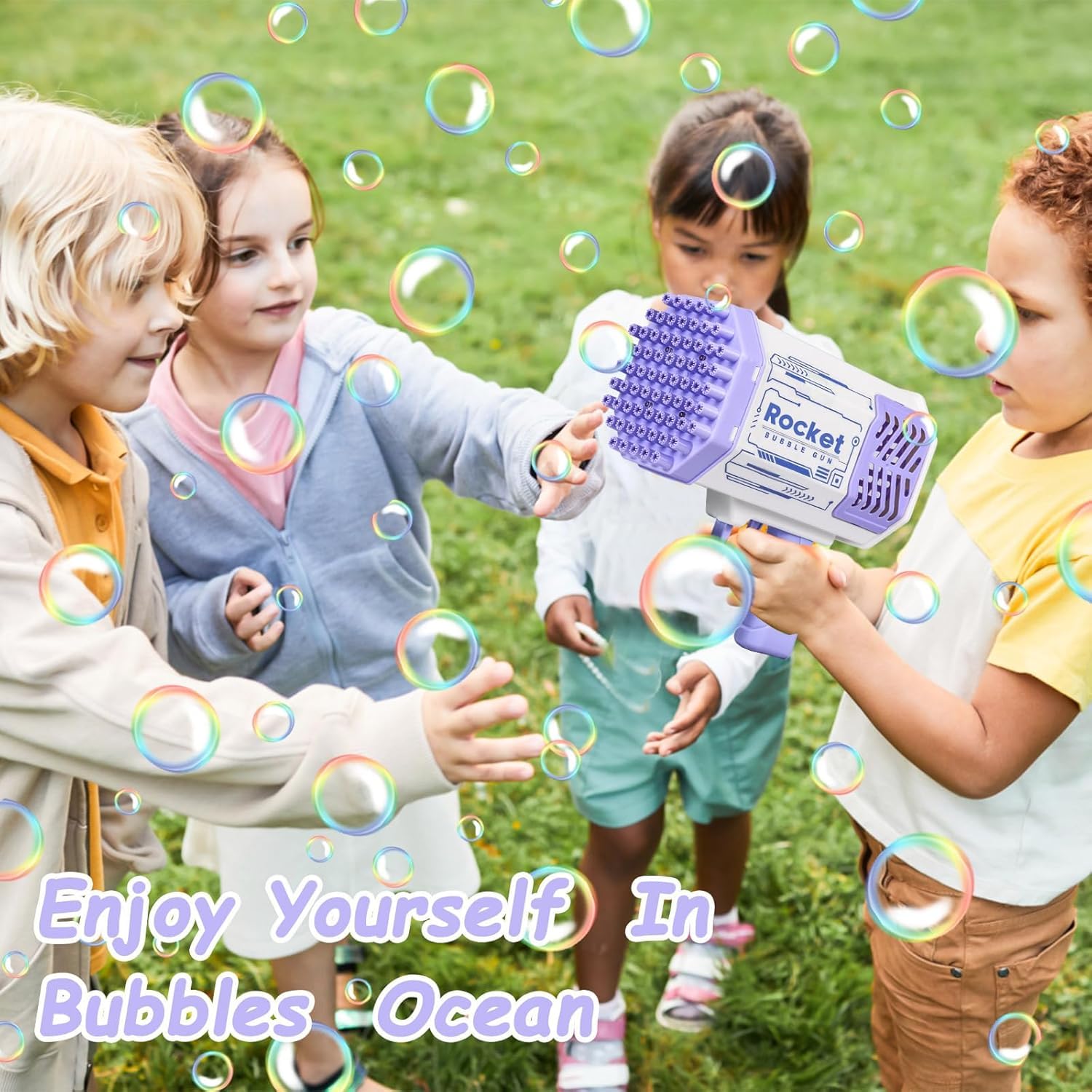 JONRRYIN Macchina Fare Bolle Automatica, 69 Buche Bubble Gun, Pistola Bolle Sapone, Giocattoli Creazione con Due Bottiglie Acqua Saponata Compleanno Festa Nozze Giochi Coperto e All'aperto (Purple)