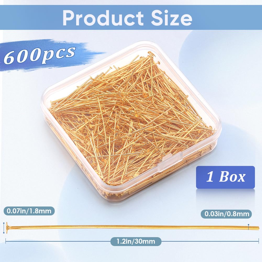 SOFPLATE 1 Box 600Pcs Fine Straight Pins Sewing Gold Flat Head Pins 30mm Long Flat Headpin Bulk Jewelry Findings for Jewelry Making Accessories DIY Dangle Earring Crafts Women Adult Supplies