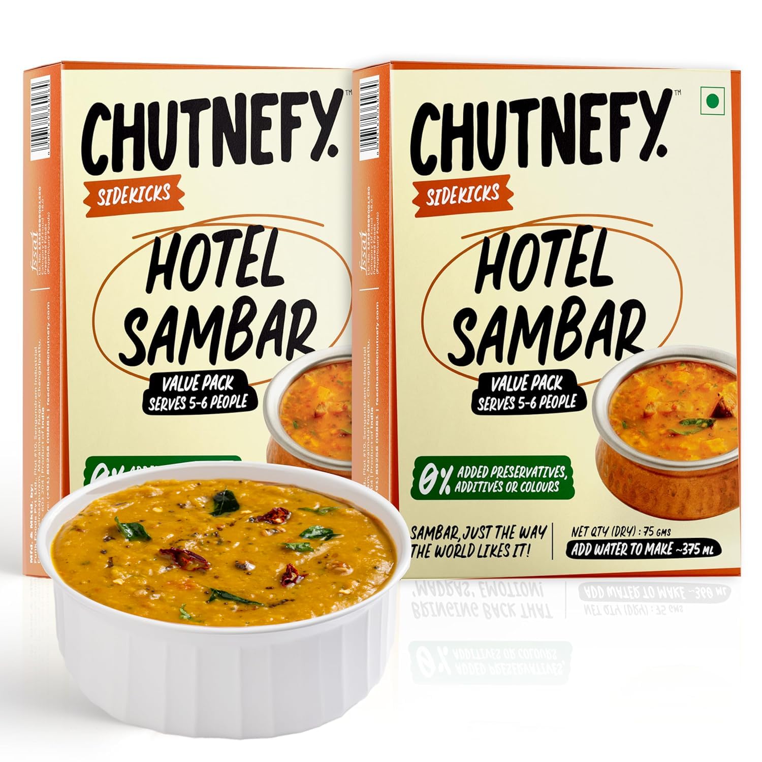 CHUTNEFY Hotel Sambar for South Indian Breakfast - Pack of 2-75gm| Delicious Instant & Ready-to-Eat | No Preservatives or Additives