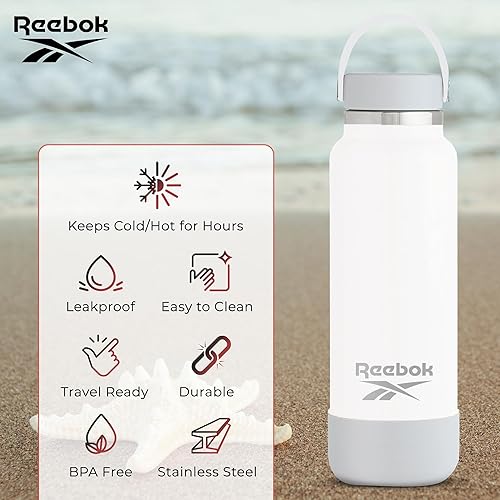 Miniatura 4 de Reebok Botella de agua de boca ancha de acero inoxidable con tapa flexible para exteriores, 32 onzas, botella de agua deportiva aislada al vacío de