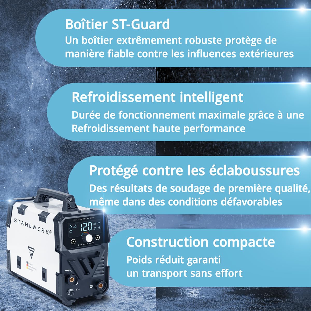 STAHLWERK Poste à souder Mini FLUX 120 ST Digital – Kit complet avec chariot – Soudage au fil fourré (FLUX) sans gaz jusqu'à 120 A, dévidage synergique, LED, fonction Lift-TIG & MMA (ARC)