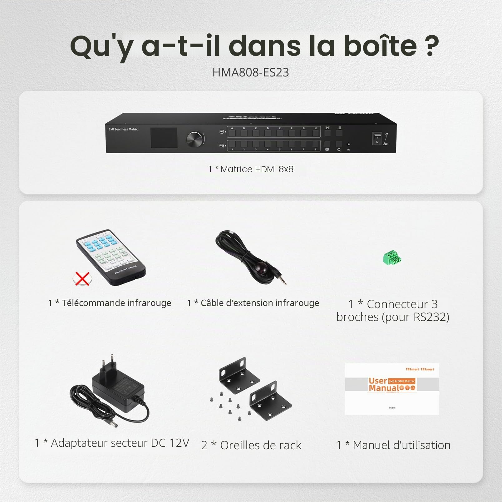 TESmart 8x8 Seamless HDMI Matrix Switch 1920x1080@60Hz Commutateur matriciel, Rack Mount HDMI Matrix Switcher 8 en 8 Out, Télécommande, avec Audio Split, Preview Mode, RS-232, LAN Control, Rename Port