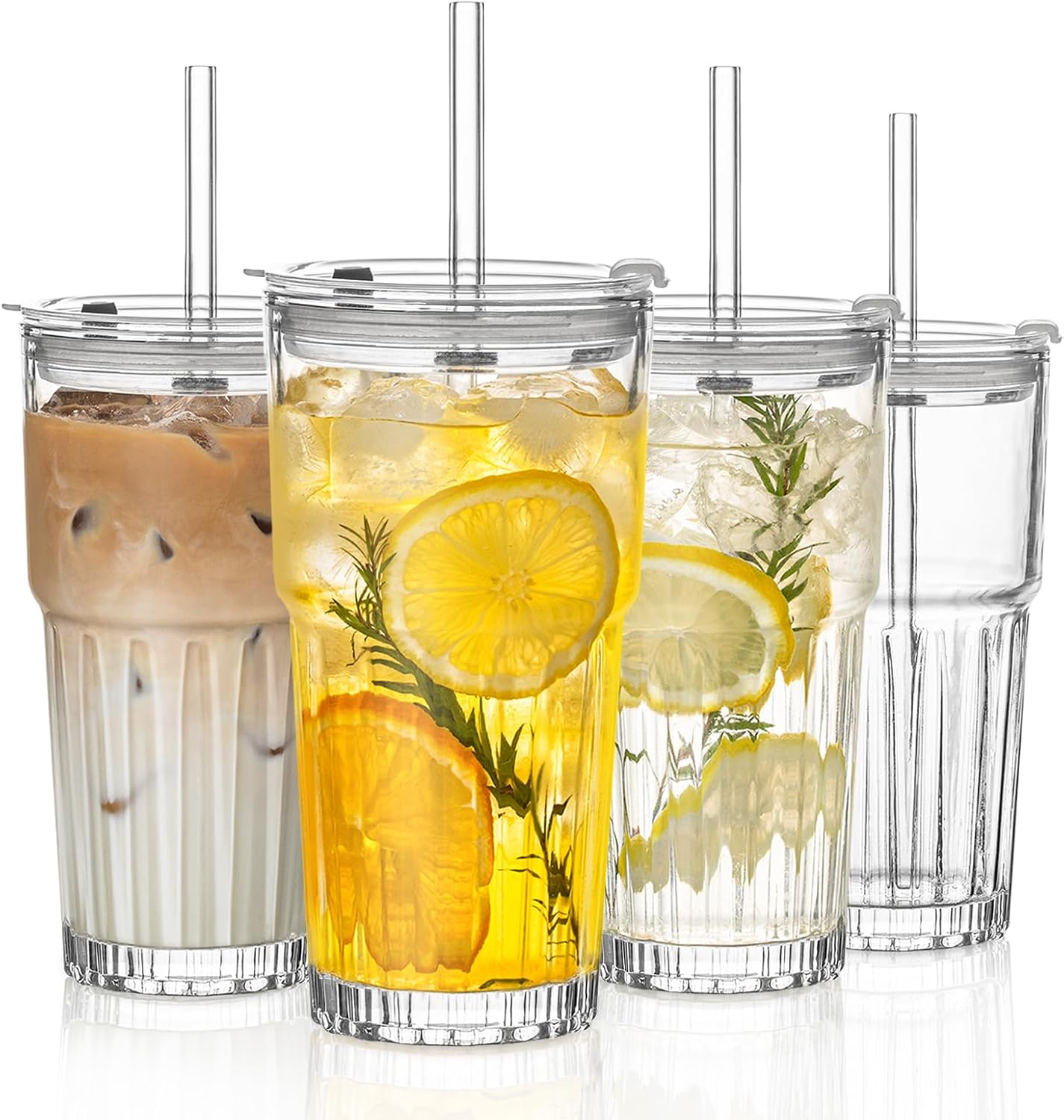INSETLAN 20 oz Clear Glass Tumbler Set with Lids and Straws – 4-Pack Iced Coffee Cups with Glass Straws & Brushes, Reusable Drinking Glasses for Smoothies, Tea, Juice, Beer, Cold Beverages