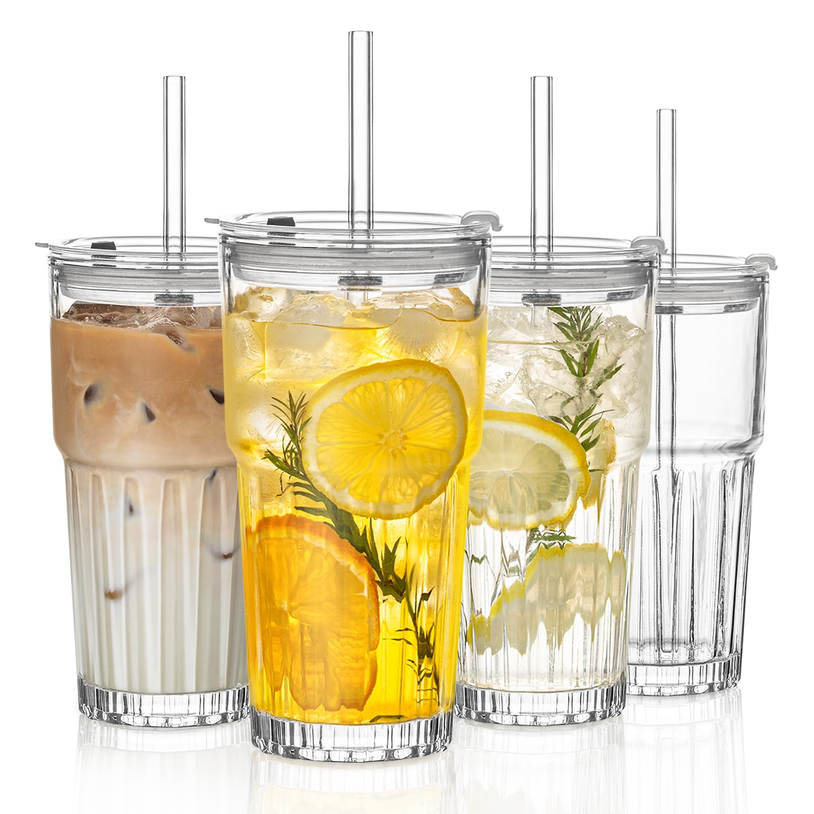 INSETLAN 2 stuks 600 ml geribbelde glazen bekers met deksels en glazen
