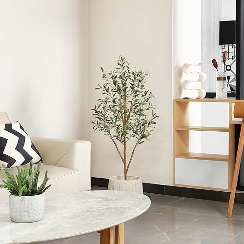 Miniatura 5 de OAKRED Árbol de olivo artificial de 7 pies, de grosor para interiores con tronco de madera natural y frutas realistas, olivo falso alto de seda para