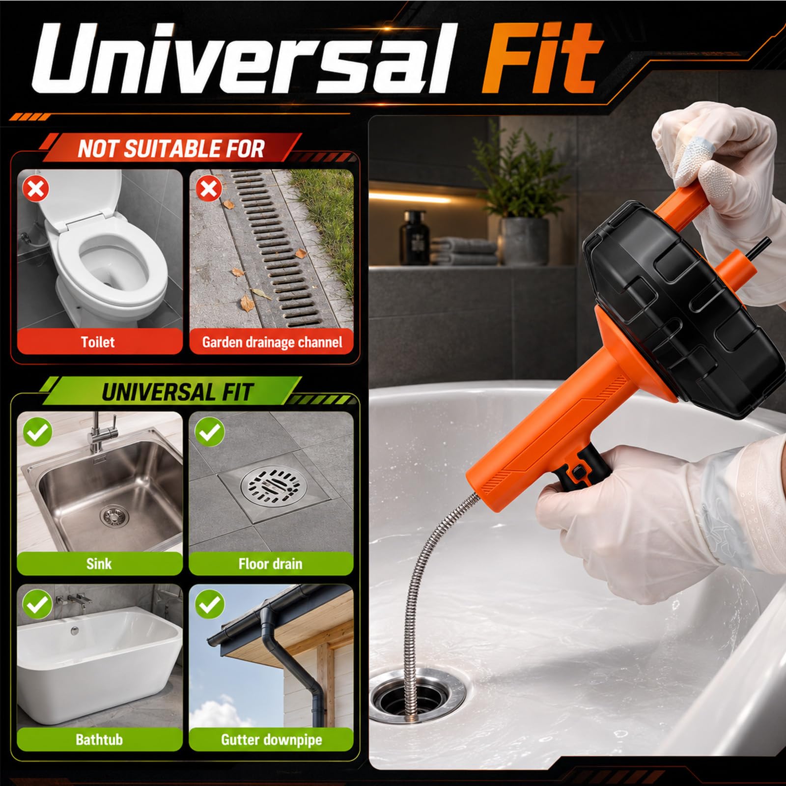 Rohrreinigungsspirale 14m mit Bohraufsatz, 2-in-1 Manuell & Elektrisch, Rohrreiniger für Küche Bad Dusche, Flexible Stahlfeder zur Entfernung von Haaren Fett und Verstopfungen, DIY Werkzeug Set