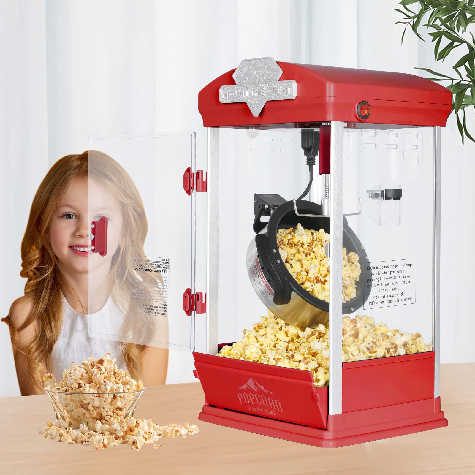 8 Oz Popcorn Machine Maker, Countertop Pop Corn Machine, Tabletop Popcorn Machine Makes Up to 32 Cups, Movie Theater Popcorn Popper Machine with Stainless-Steel Kettle for Home Family, 300 W, Red