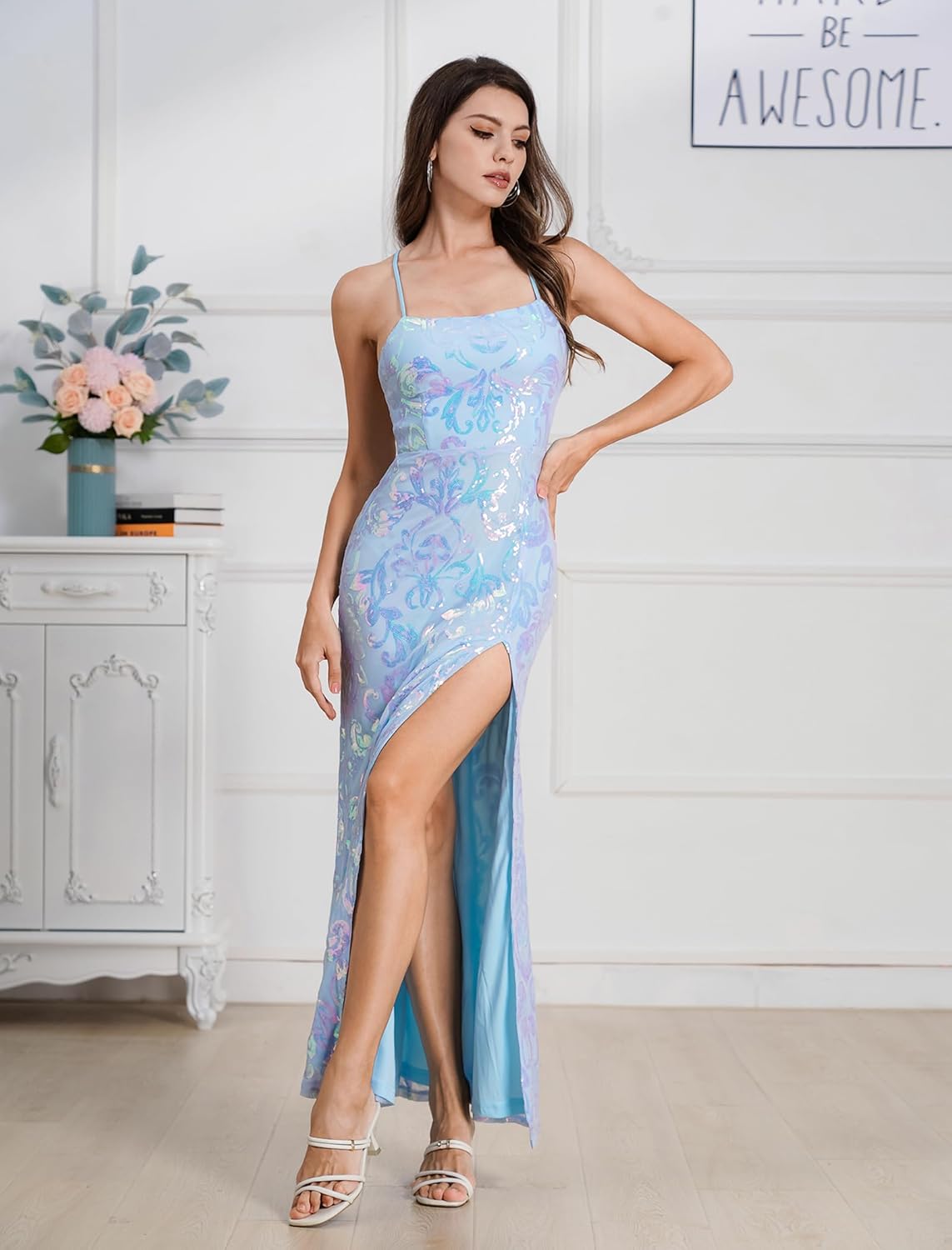 Women's Spaghetti Straps Sparkly Sequins Bodycon Sequins Glitters Side Split Long Maxi Dress Party Prom Dress