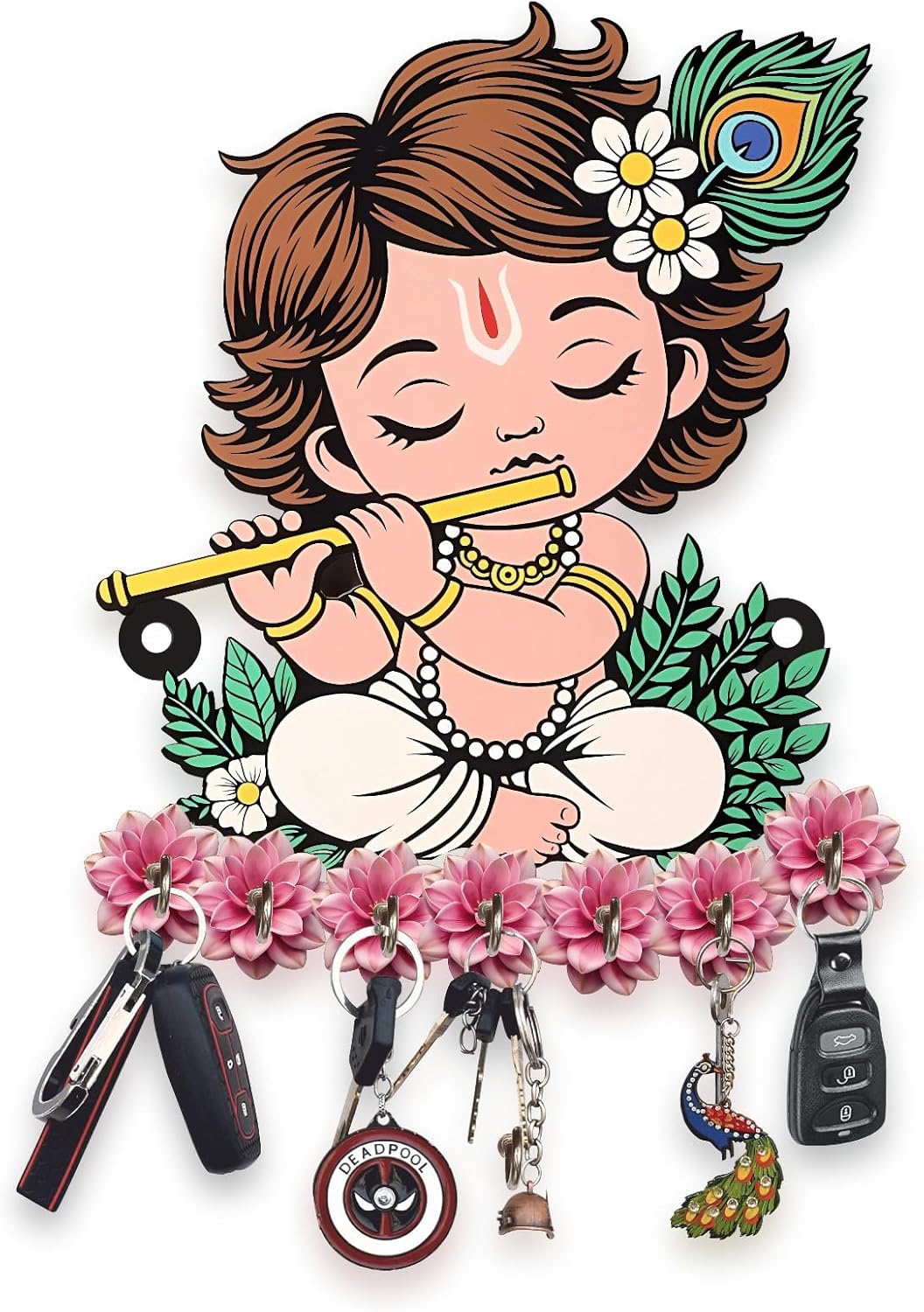 Webelkart Premium Cute Krishna Designer Wooden Key Holder for Home/Office Decor/Key Hanger for Wall Decor, Key Stand for Home, Decorative Item for Home (10" Inches)