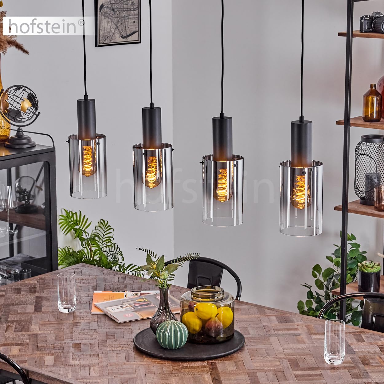 Pendelleuchte Sambour, Hängelampe aus Metall/Glas in Schwarz/Rauchfarben/Klar, Hängeleuchte im Retro/Vintage-Design mit Glasschirmen (Ø 12,5cm), 4-flammig, Höhe max. 140 cm, 4 x E27, ohne Leuchtmittel