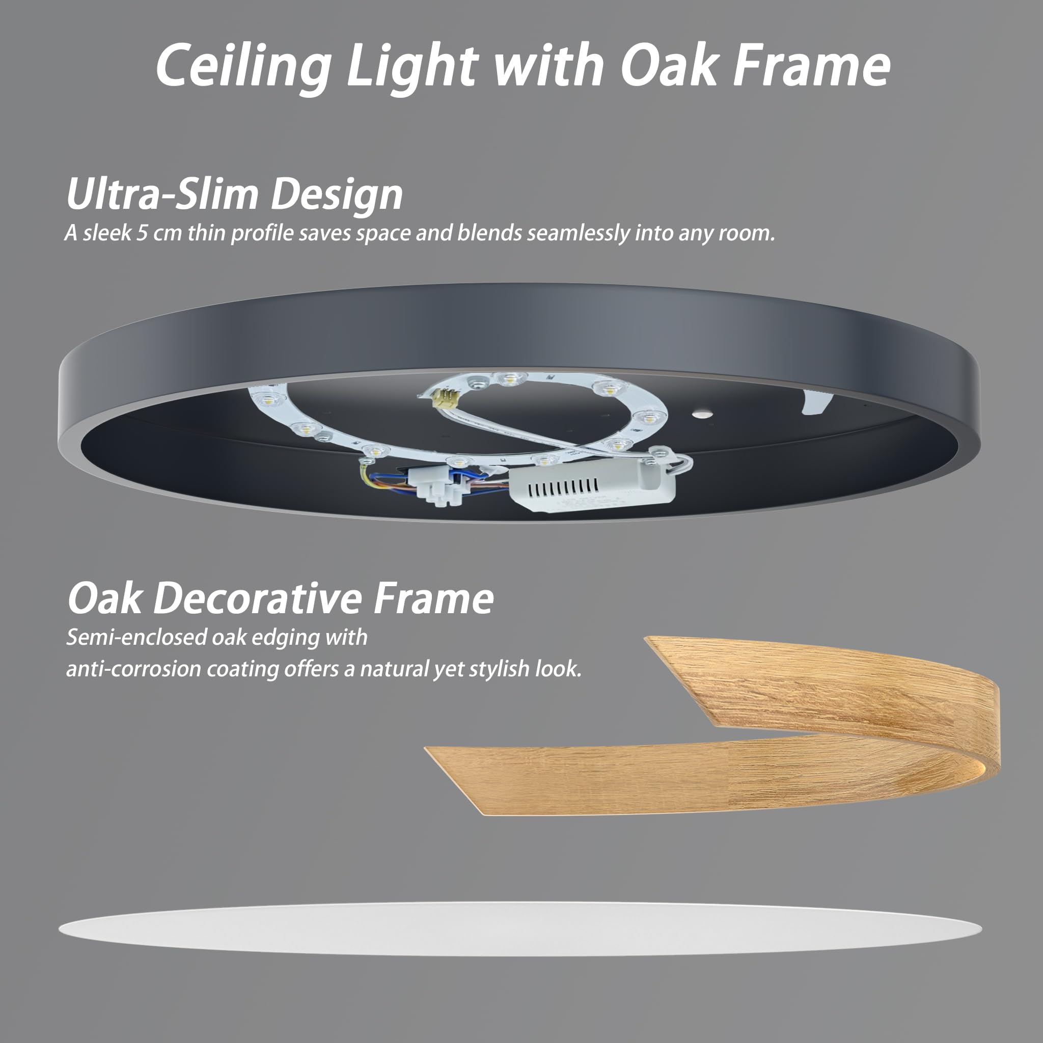 Froadp LED Deckenlampe Holz Deckenleuchte, Modern Lampe Decke Flach, Holzlampe Rund für Wohnzimmer, Schlafzimmer, Badezimmer, Küche, Flur, Kinderzimmer, Büro (96W Dimmbar, Grau)