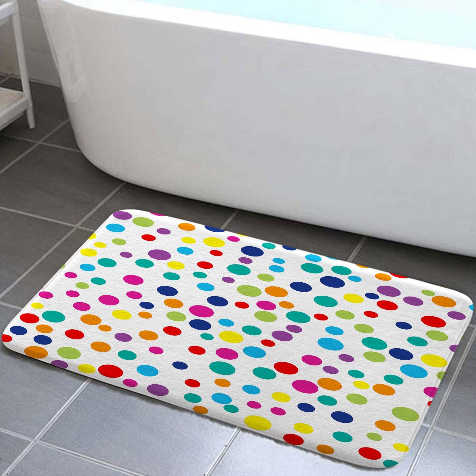 Tapetes de baño para niños, diseño geométrico colorido de lunares, de franela para el suelo de la cocina, tapete de ducha antideslizante, tapete moderno de color blanco, accesorios de baño, decoración