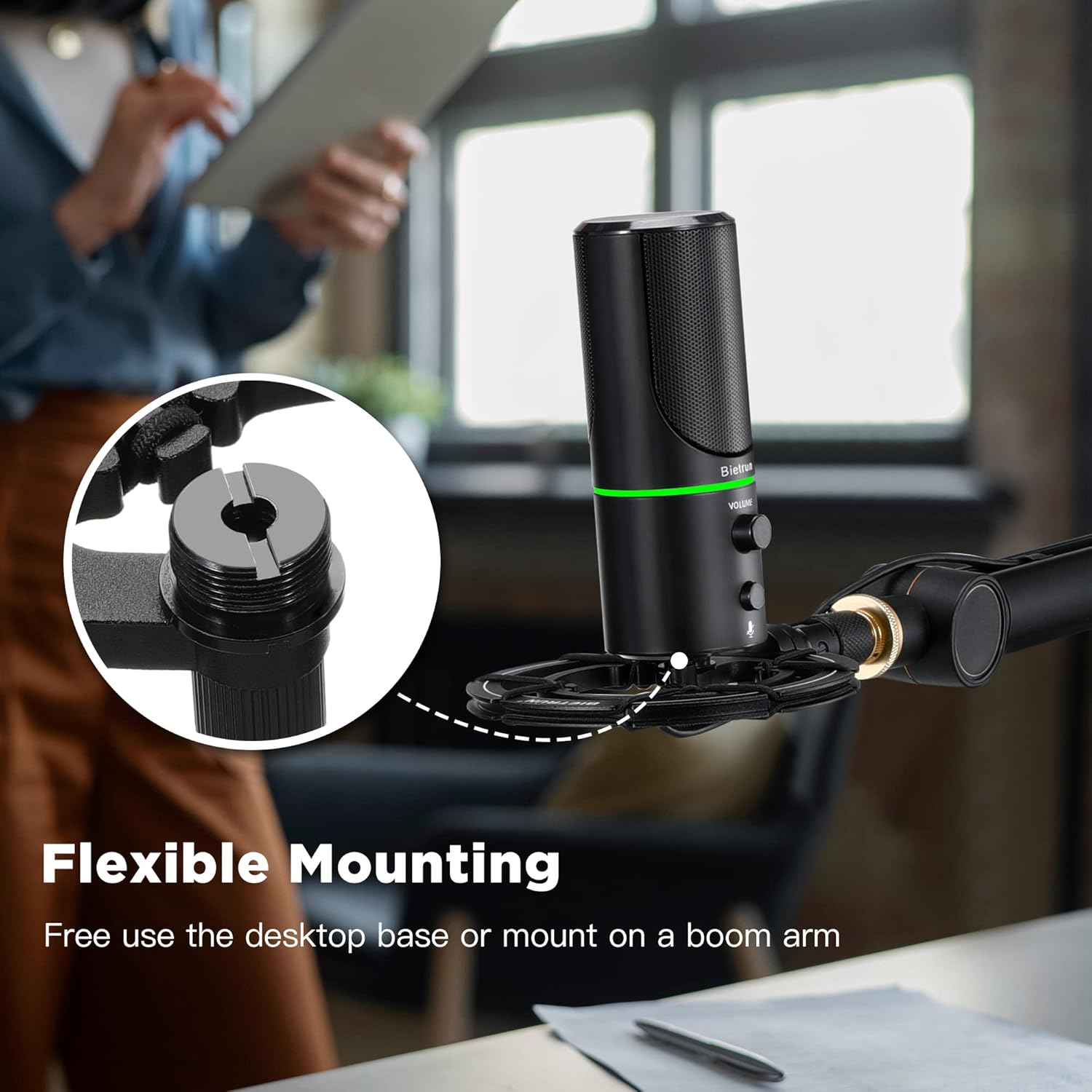 Bietrun UMKF01 microphone attached to a boom arm, demonstrating flexible mounting options