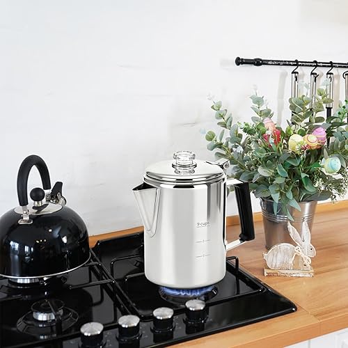 Miniatura 7 de Cafetera de acero inoxidable para camping, cafetera para exteriores, cafetera duradera para estufa, café en fuego, ideal para campamento en grupo,