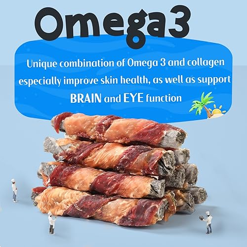 Miniatura 9 de ASMPET Golosinas para perros, pieles de pescado envueltas en pollo, ricas en cuero crudo Omega3, sin granos, con alto contenido de proteínas y bajas