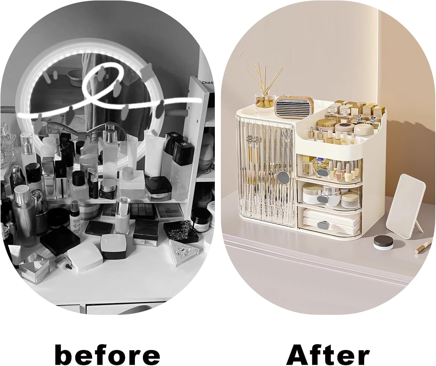 DASITON Makeup Organizer for Vanity,Large Capacity Makeup Storage Organizer with 3-Layer Drawers and Mirror,Cosmetics Display Case Make up Organizers for Vanity,Bedroom,Countertop(Clear-Cream)