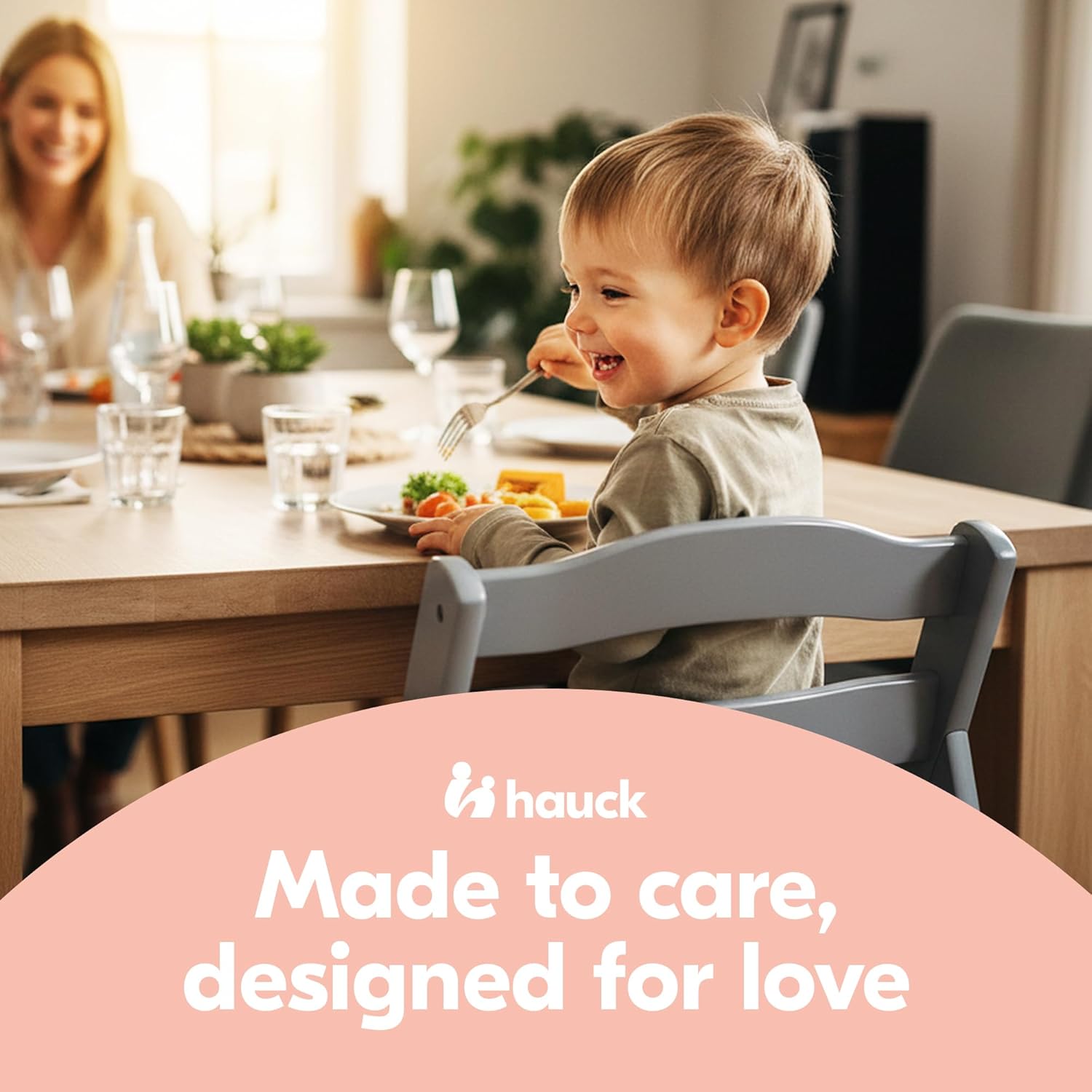 hauck Alpha+ Grow Along Seat Solid Beechwood Booster Chair with Adjustable Seat, 5 Point Safety Harness, & Bumper Bar for Infants & Toddlers, Grey