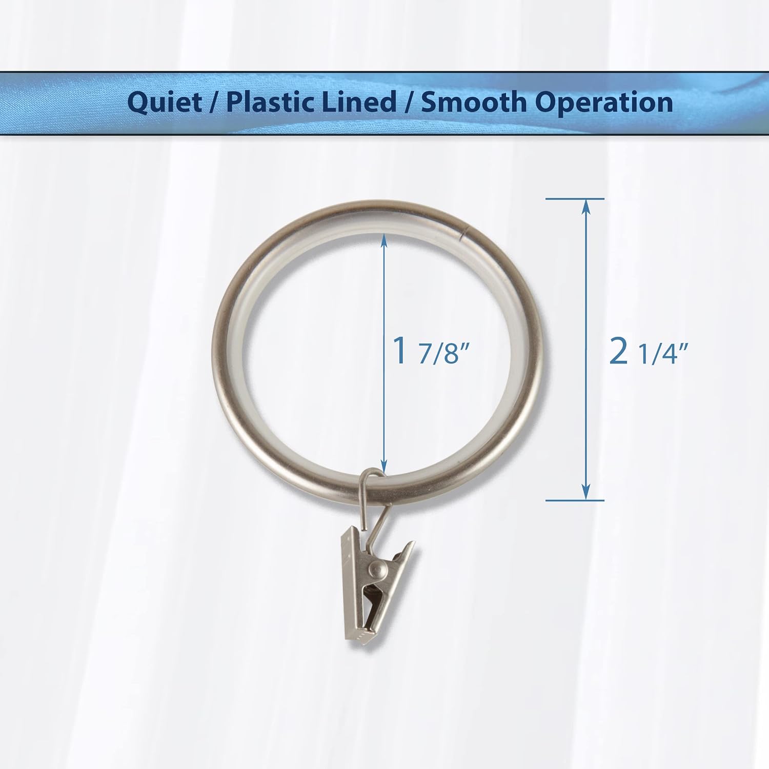 1-7/8" Noise-Canceling Curtain Rings w/Clip (Set of 10) - Satin Nickel