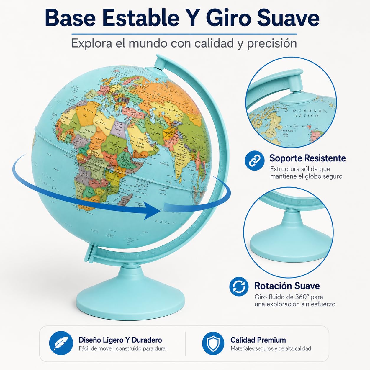 Globo Terráqueo 30 cm Mapa Español Azul Educativo Y Decorativo | Tamaño Grande Base Azul Mapa Político Claro Para Escritorio Aula Biblioteca Habitación Juvenil Y Regalo Educativo
