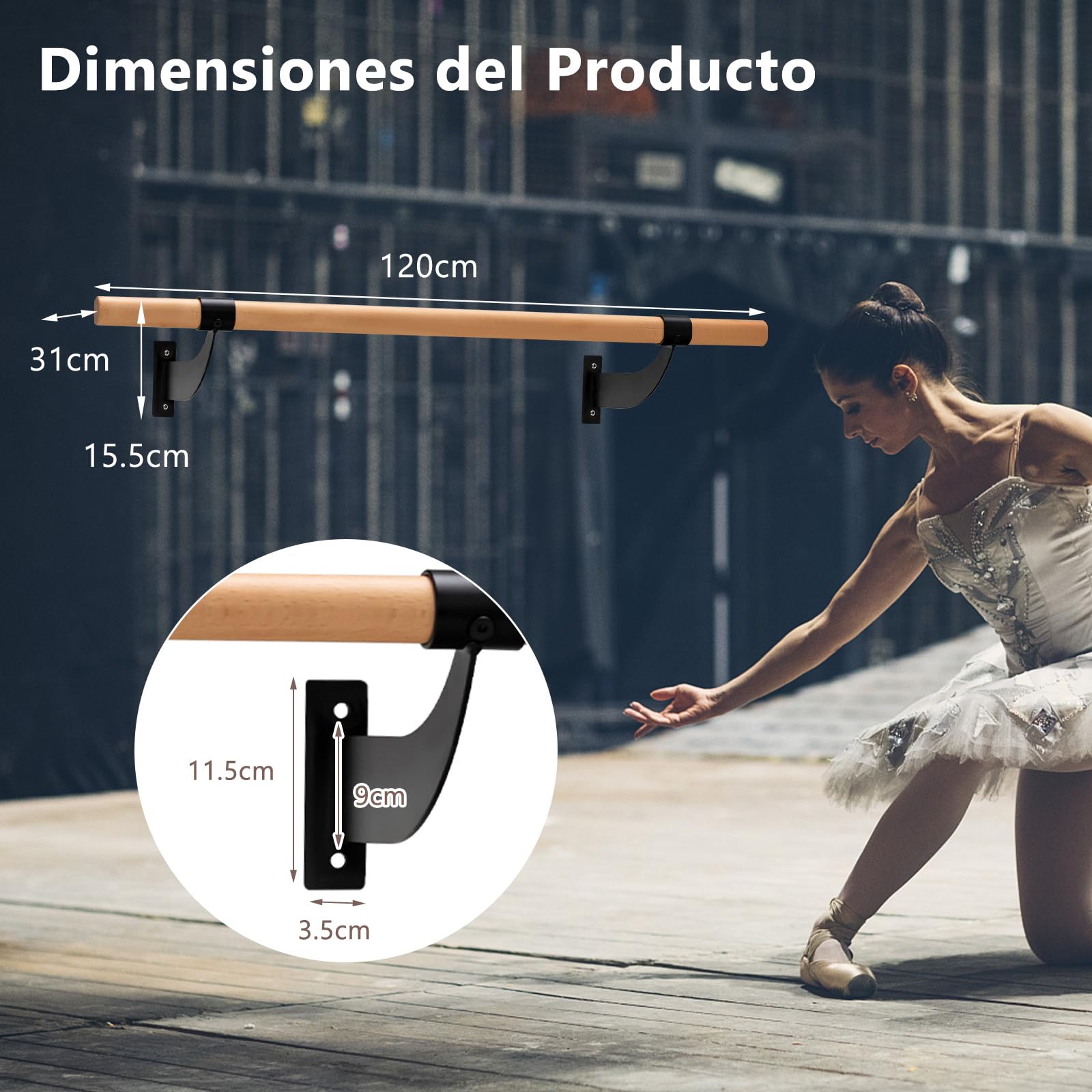 GYMAX Barra de Ballet de Madera, 120 cm de Largo, Soporte de Pared, Barra de Ejercicio, Barra de Baile, Altura Fija para Danza, Estiramiento y Yoga, Barra de Ballet para Niños y Adultos