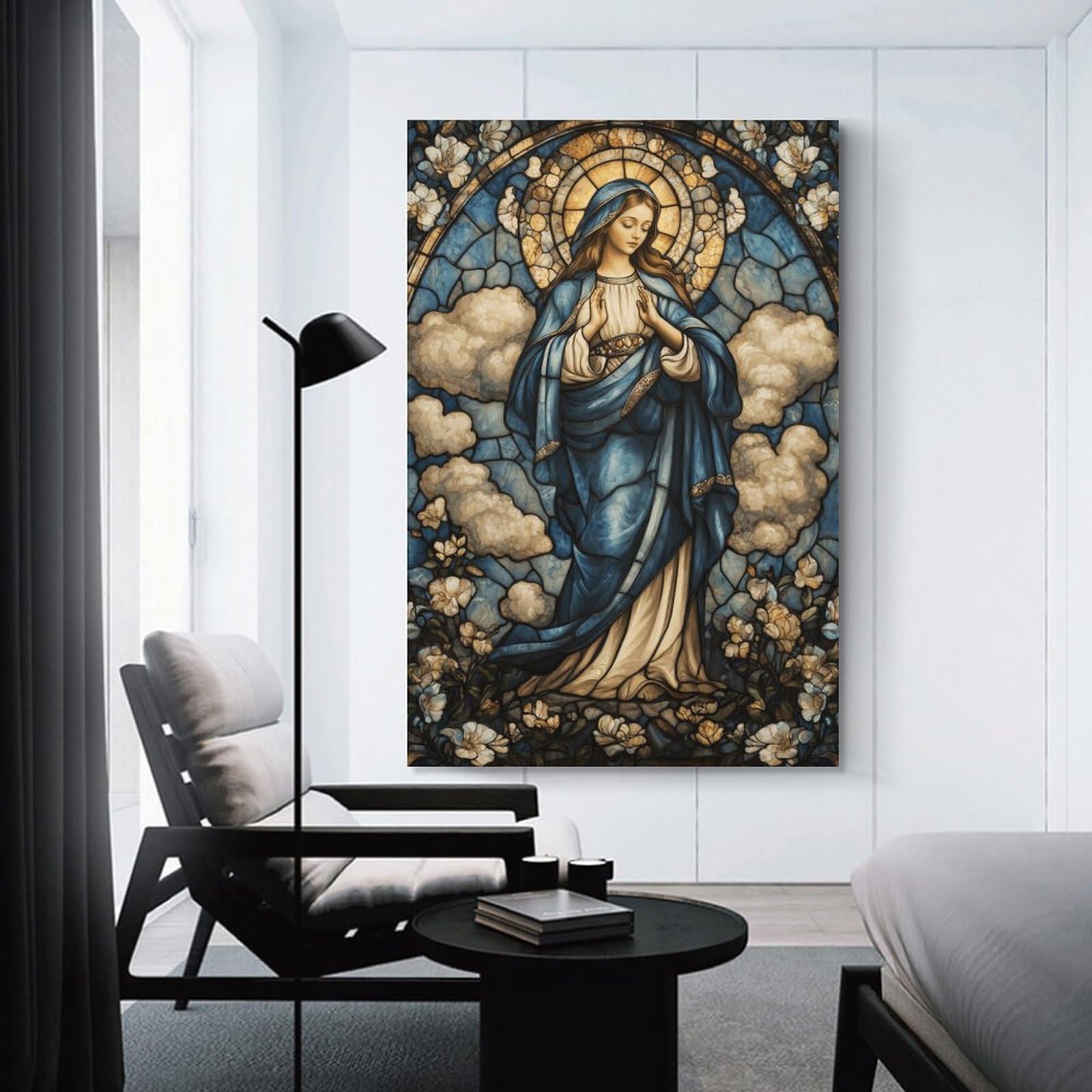 Junmoney Canvas Wall Decor Stained Glass Virgin Mary-1, 24x36inch(60x90cm), for Lounge Decor, Bedroom Walls Or Flats, Eye Catching Artwork for Blank Walls