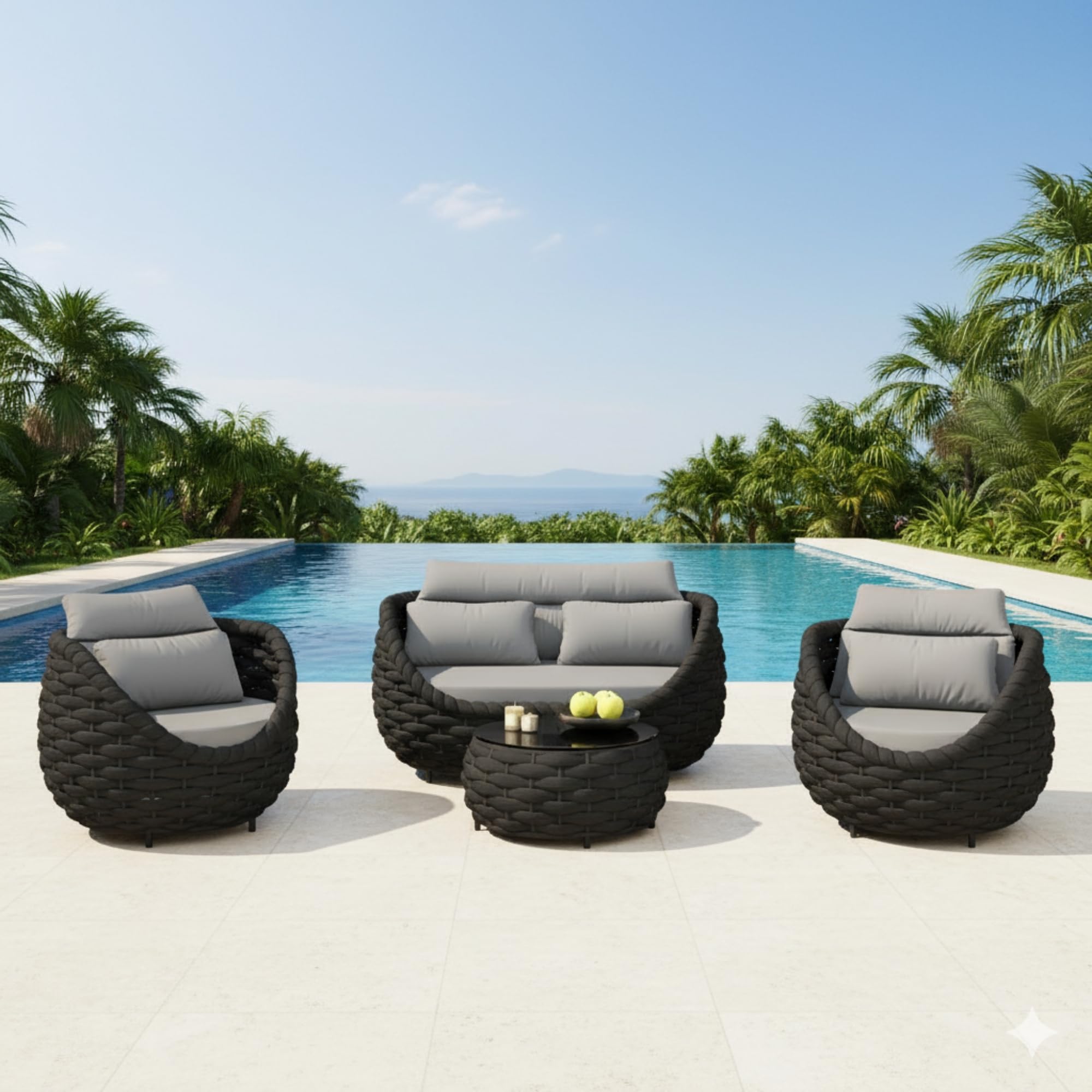 devoko outdoor 4-piece rope patio sofa set, all-weather garden conversation furniture with thick cushions & sturdy frame for balcony, lawn, porch (grey & dark grey)