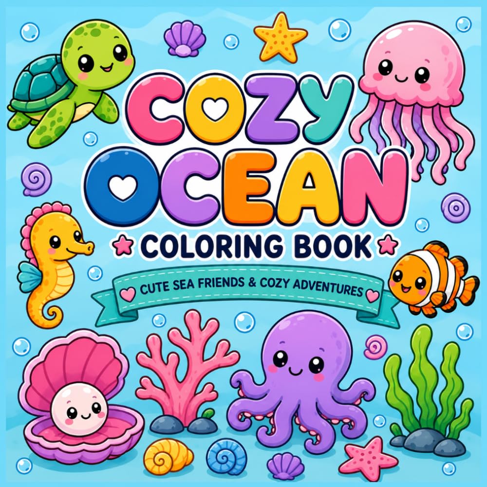 Cozy Ocean Coloring Book: 50 Cute Underwater Scenes Featuring Adorable Sea Animals, Cozy Cafés, Libraries, Bakeries and Relaxing Ocean Adventures (Cozy Bold & Easy Coloring Book)