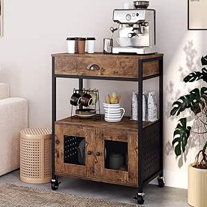 Catrimown Coffee Cart Station, Small Microwave Stand with Drawer on Wheels, Rustic Farmhouse Design