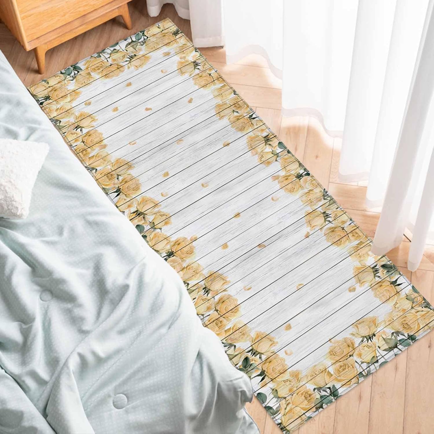 Teamery Kitchen Mats for Floor Farmhouse Yellow Rose Flower Washable Non Slip Kitchen Rugs 1PCS, Country Floral Wood Board Absorbent Standing Mats for Sink Bathroom Office Living Room 23.6x70.9in
