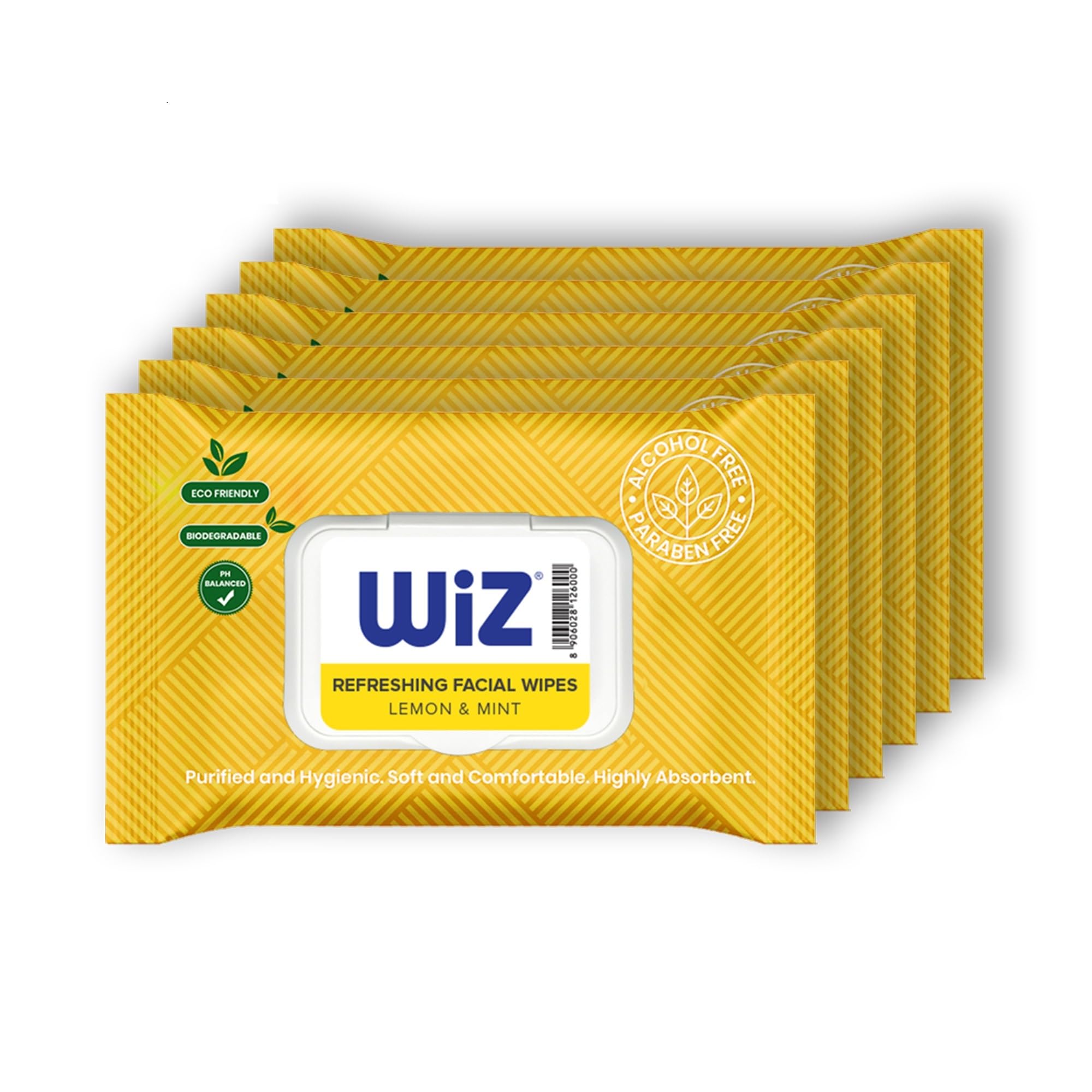 Wiz Refreshing Facial Wet Wipes Lemon & Mint - 25 Wipes Pack of 6| Alcohol-Free & Paraben Free | pH-Balanced, Biodegradable, Eco-Friendly| All Skin Type | For Women & Men